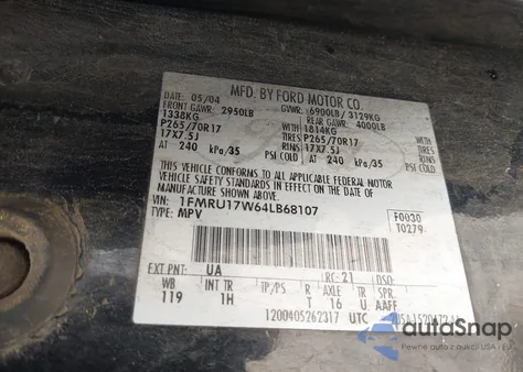 2004 Ford Expedition Eddie Bauer z USA, uszkodzony, nr VIN 1FMRU17W64LB68107